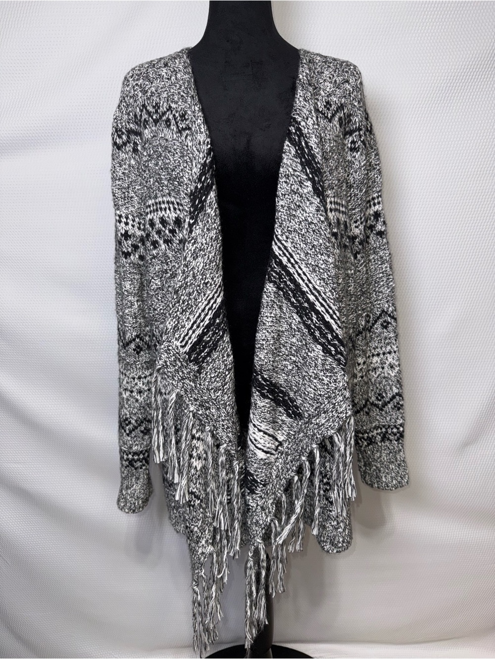 Old Navy XL Fair Isle Draped Open Front Cardigan Sweater Black White Fringe Boho
